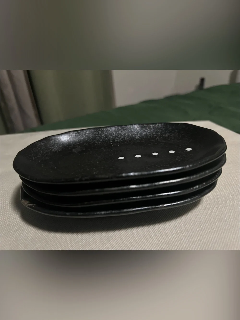 Vintage Japanese Wabi-Sabi Black Stoneware Soy Sauce Dishes White Dots Set of 4